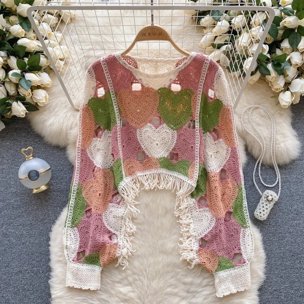 💗HP💗 Heart crochet fringe top long sleeve open knit pink green multicolor cream